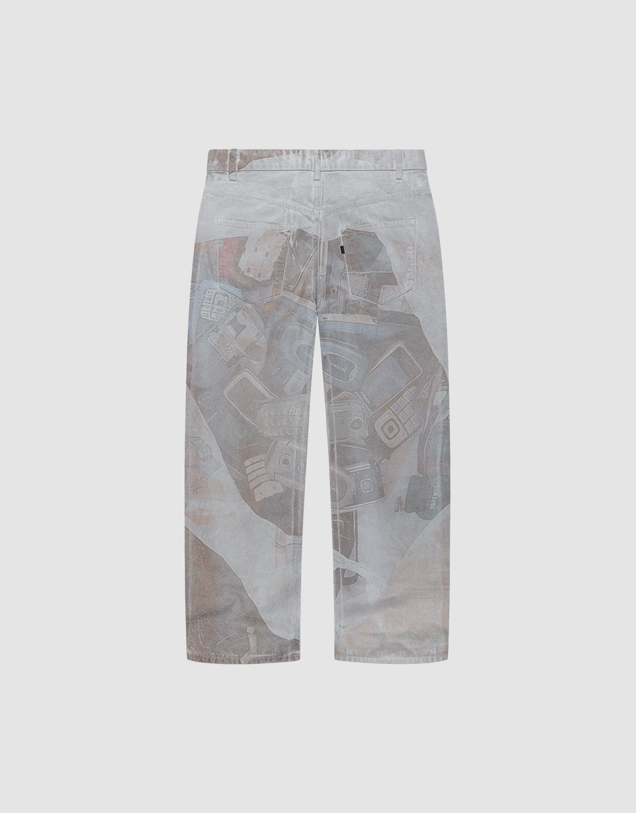 The LIVE FAST DIE YOUNG LFDY Stolen Phones Denim features a baggy fit and wide-leg style in light gray, with abstract all-over prints on the back. Made from 100% Baumwolle, these artistic jeans showcase unique graphics on a plain background.