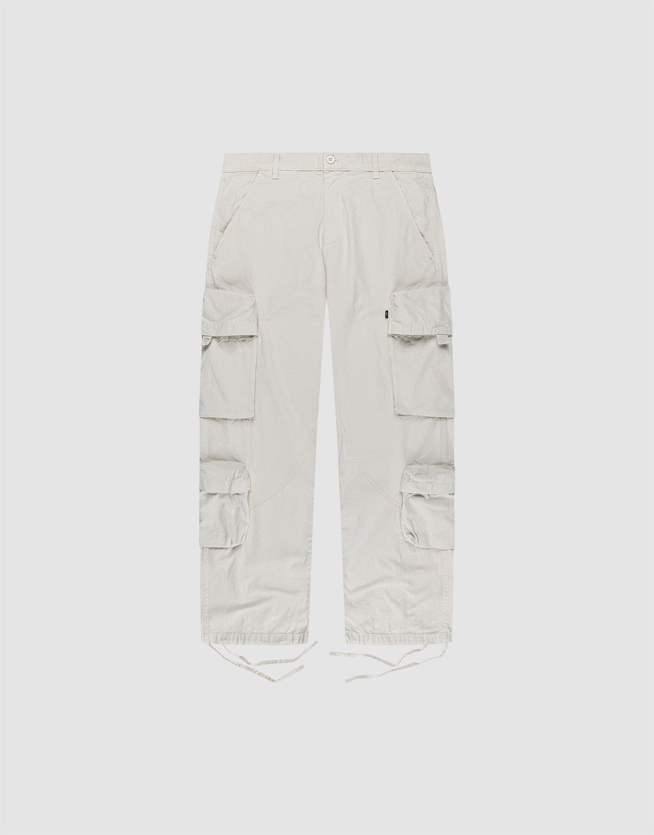 The LIVE FAST DIE YOUNG Wide Summer Cargo features light beige Ripstop fabric, large side cargo pockets, button and zip closure, belt loops, and drawstring hems. Shown against a plain white background.