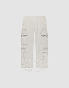 The LIVE FAST DIE YOUNG Wide Summer Cargo features light beige Ripstop fabric, large side cargo pockets, button and zip closure, belt loops, and drawstring hems. Shown against a plain white background. | plain