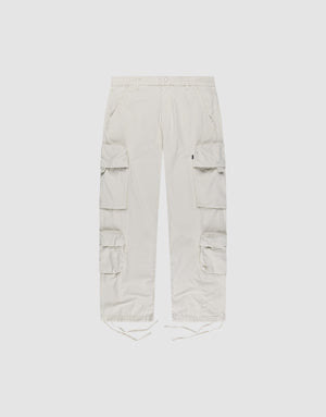 The LIVE FAST DIE YOUNG Wide Summer Cargo features light beige Ripstop fabric, large side cargo pockets, button and zip closure, belt loops, and drawstring hems. Shown against a plain white background. | plain