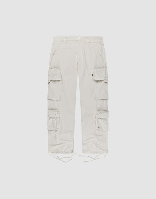 The LIVE FAST DIE YOUNG Wide Summer Cargo features light beige Ripstop fabric, large side cargo pockets, button and zip closure, belt loops, and drawstring hems. Shown against a plain white background. | plain