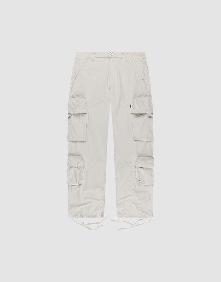 The LIVE FAST DIE YOUNG Wide Summer Cargo features light beige Ripstop fabric, large side cargo pockets, button and zip closure, belt loops, and drawstring hems. Shown against a plain white background. | plain