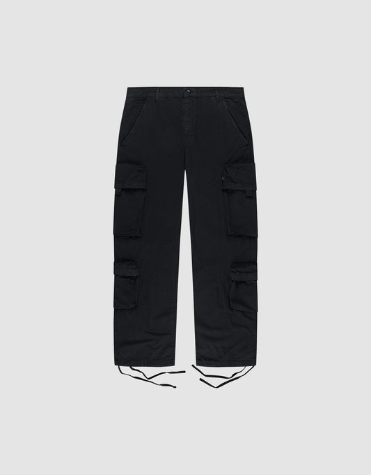 The LIVE FAST DIE YOUNG Wide Summer Cargo pants, made from Ripstop fabric with multiple side cargo pockets and drawstring cuffs, shown against a plain light gray background. | plain