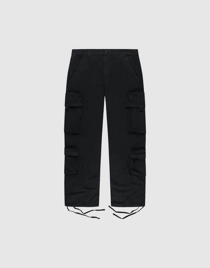 The LIVE FAST DIE YOUNG Wide Summer Cargo pants, made from Ripstop fabric with multiple side cargo pockets and drawstring cuffs, shown against a plain light gray background. | plain