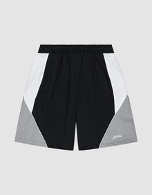 The LIVE FAST DIE YOUNG Basic Nylon Trackshorts feature color-blocked black, white, and light gray panels. Made from comfortable Nylon Lycra, they offer a regular fit, elastic waistband, side pockets, and a Stay Weird logo on the left leg. | plain