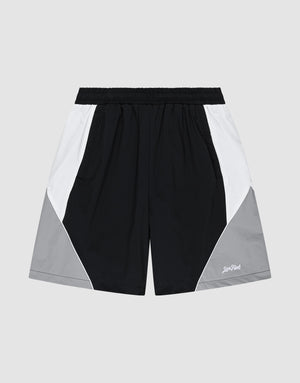 The LIVE FAST DIE YOUNG Basic Nylon Trackshorts feature color-blocked black, white, and light gray panels. Made from comfortable Nylon Lycra, they offer a regular fit, elastic waistband, side pockets, and a Stay Weird logo on the left leg. | plain