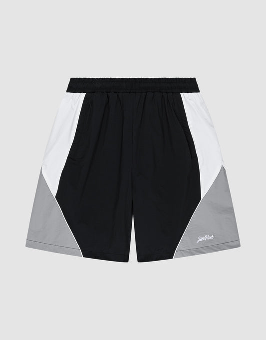 The LIVE FAST DIE YOUNG Basic Nylon Trackshorts feature color-blocked black, white, and light gray panels. Made from comfortable Nylon Lycra, they offer a regular fit, elastic waistband, side pockets, and a Stay Weird logo on the left leg. | plain