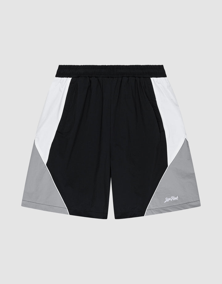 The LIVE FAST DIE YOUNG Basic Nylon Trackshorts feature color-blocked black, white, and light gray panels. Made from comfortable Nylon Lycra, they offer a regular fit, elastic waistband, side pockets, and a Stay Weird logo on the left leg. | plain