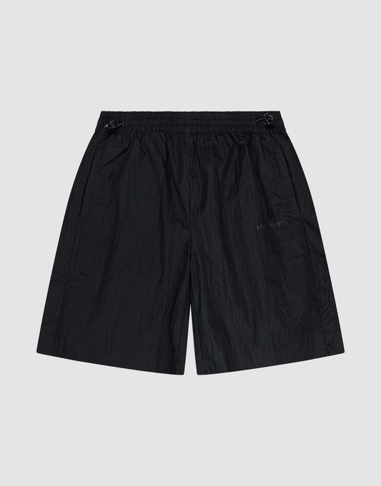 The LIVE FAST DIE YOUNG Live Fast Nylon Shorts feature an oversized fit, elastic waistband (Elastikbund), subtle side pockets, and a slightly wrinkled texture, shown flat on a plain light gray background. | plain