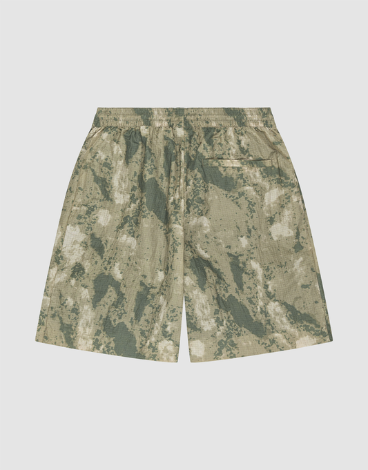 LIVE FAST DIE YOUNG Live Fast Nylon Shorts in green and beige camo feature an elastic waistband, single back pocket, and are shown flat on a white background.