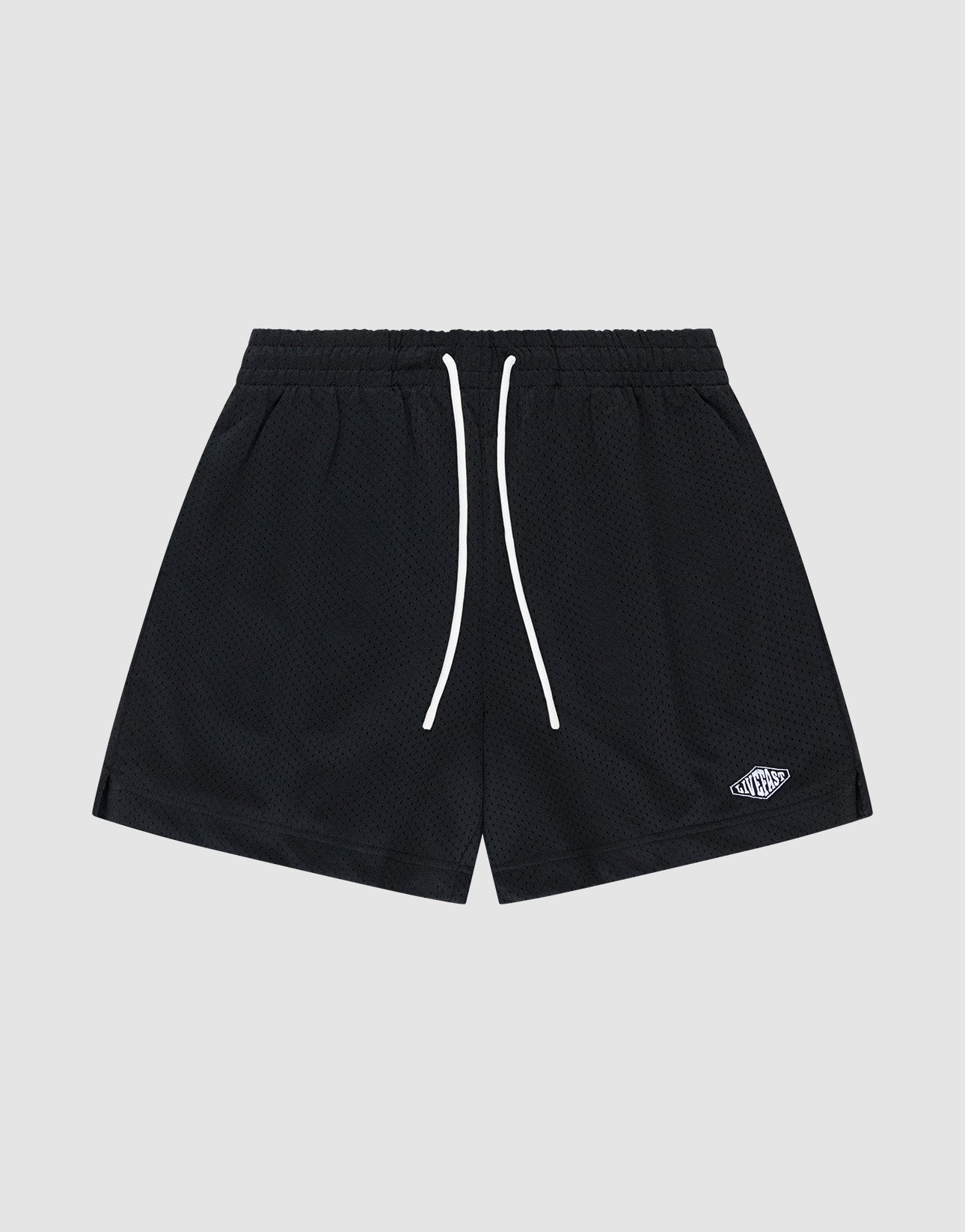 The Basic Mesh Shorts by LIVE FAST DIE YOUNG feature black polyester mesh, a regular fit, elastic waistband with white drawstrings, and a small white embroidered logo on the lower left leg. Shown against a light gray backdrop.