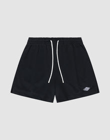 The Basic Mesh Shorts by LIVE FAST DIE YOUNG feature black polyester mesh, a regular fit, elastic waistband with white drawstrings, and a small white embroidered logo on the lower left leg. Shown against a light gray backdrop. | plain