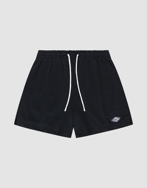 The Basic Mesh Shorts by LIVE FAST DIE YOUNG feature black polyester mesh, a regular fit, elastic waistband with white drawstrings, and a small white embroidered logo on the lower left leg. Shown against a light gray backdrop. | plain