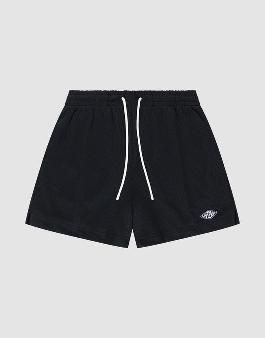 The Basic Mesh Shorts by LIVE FAST DIE YOUNG feature black polyester mesh, a regular fit, elastic waistband with white drawstrings, and a small white embroidered logo on the lower left leg. Shown against a light gray backdrop. | plain