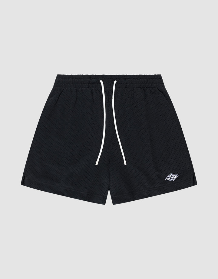 The Basic Mesh Shorts by LIVE FAST DIE YOUNG feature black polyester mesh, a regular fit, elastic waistband with white drawstrings, and a small white embroidered logo on the lower left leg. Shown against a light gray backdrop. | plain