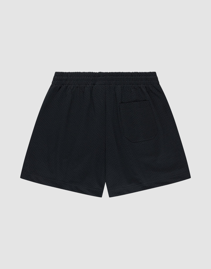 LIVE FAST DIE YOUNG Basic Mesh Shorts in black feature a regular fit, lightweight polyester fabric, elastic waistband, and single rectangular back pocket. Shown on a plain light gray background.