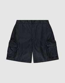 LIVE FAST DIE YOUNG Nylon Cargo Shorts in regular fit with button and zip closure, made from durable nylon and featuring large cargo pockets on each side, shown against a plain light gray background. | plain
