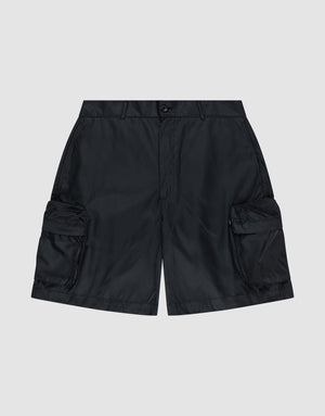 LIVE FAST DIE YOUNG Nylon Cargo Shorts in regular fit with button and zip closure, made from durable nylon and featuring large cargo pockets on each side, shown against a plain light gray background. | plain