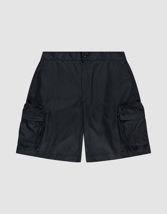 LIVE FAST DIE YOUNG Nylon Cargo Shorts in regular fit with button and zip closure, made from durable nylon and featuring large cargo pockets on each side, shown against a plain light gray background. | plain