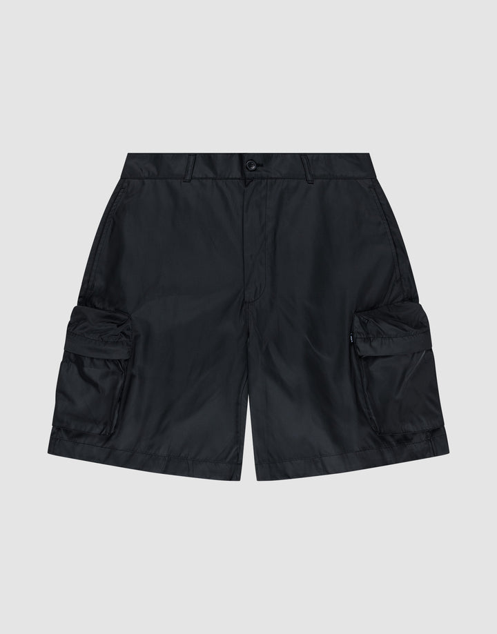 LIVE FAST DIE YOUNG Nylon Cargo Shorts in regular fit with button and zip closure, made from durable nylon and featuring large cargo pockets on each side, shown against a plain light gray background. | plain