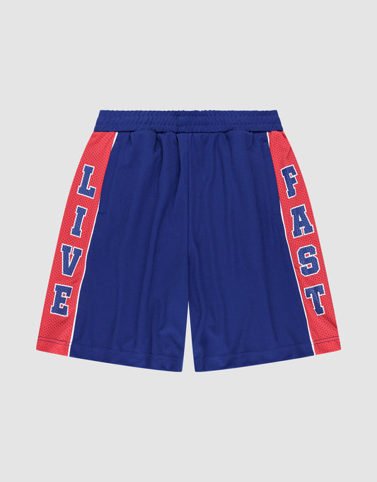 The LIVE FAST DIE YOUNG Striped Mesh Shorts feature blue mesh fabric with red and white side panels, bold "LIVE" and "FAST" prints on the legs, an oversize fit, and an elastic waistband for extra comfort. | plain