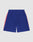 LIVE FAST DIE YOUNG Striped Mesh Shorts in blue, featuring an oversize fit, elastic waistband, small back pocket on the right, and red and white side stripes. Displayed flat on a light gray background.