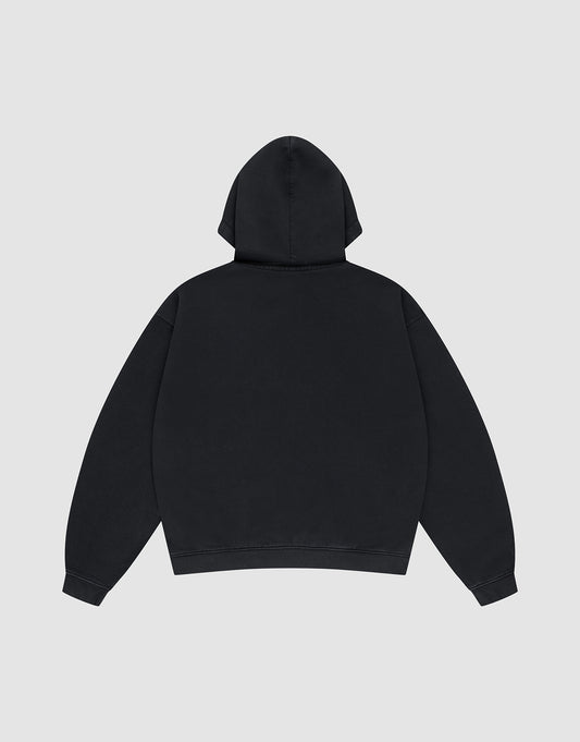 The LIVE FAST DIE YOUNG Live Fast Target Hooded Zip, in black with an Oversize Fit, is shown from the back against a light gray background, hood up and sleeves extended.