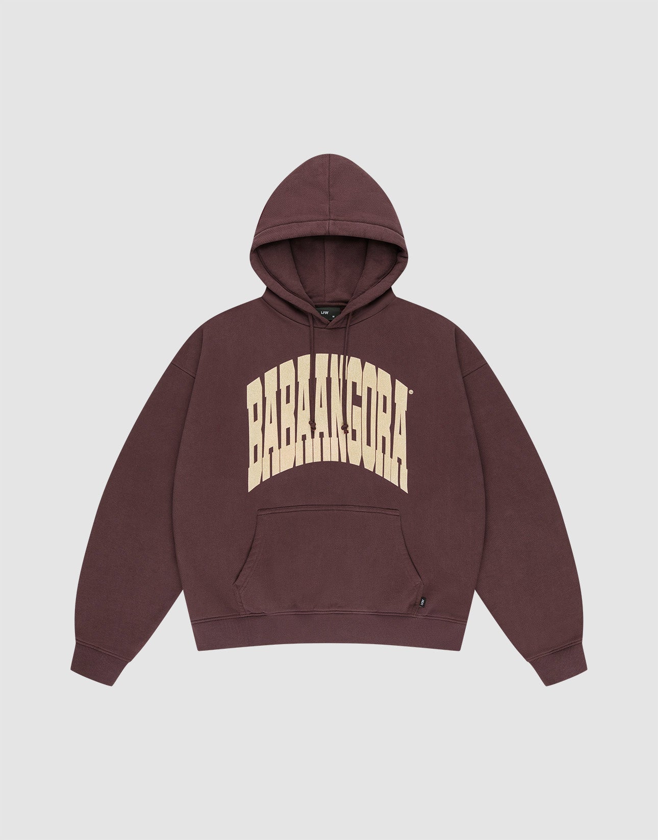 The LFDY x Baba Angora Hoodie by LIVE FAST DIE YOUNG is a maroon oversized cotton pullover with "BABAANGORA" in bold, arched beige letters on the chest. It has a front pocket and is shown flat on a light gray background. | plain