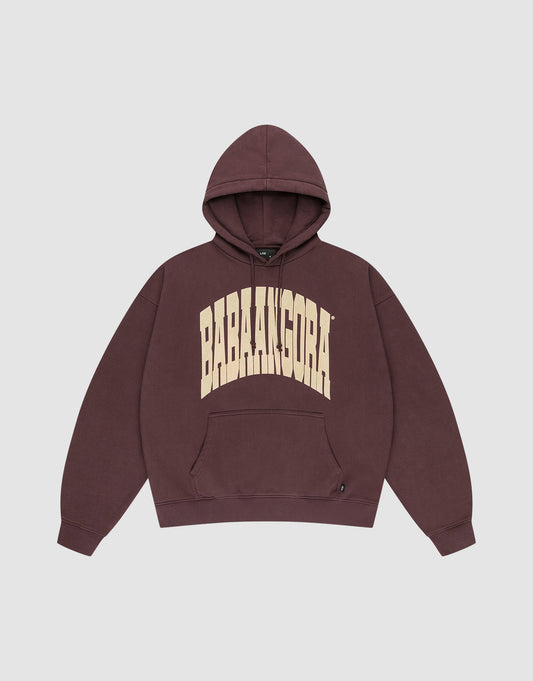 The LFDY x Baba Angora Hoodie by LIVE FAST DIE YOUNG is a maroon oversized cotton pullover with "BABAANGORA" in bold, arched beige letters on the chest. It has a front pocket and is shown flat on a light gray background. | plain