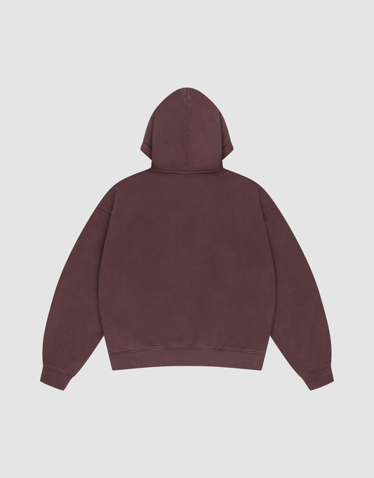 The LFDY x Baba Angora Hoodie by LIVE FAST DIE YOUNG is displayed flat, back up, in maroon. This oversized pullover features a large hood and long sleeves with no visible logos or designs on a light gray background.