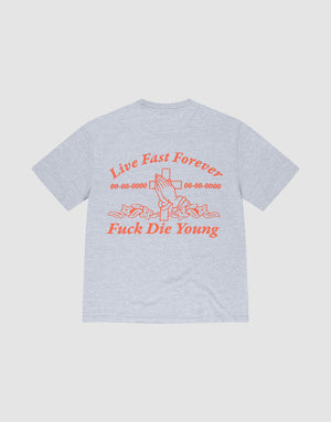 The LFDY Praying Tee by LIVE FAST DIE YOUNG is a gray oversized cotton T-shirt with bold orange front and back prints, including "Live Fast Forever," dates, "Fuck Die Young," and graphics of praying hands and roses. | plain