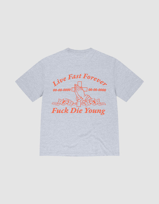 The LFDY Praying Tee by LIVE FAST DIE YOUNG is a gray oversized cotton T-shirt with bold orange front and back prints, including "Live Fast Forever," dates, "Fuck Die Young," and graphics of praying hands and roses. | plain