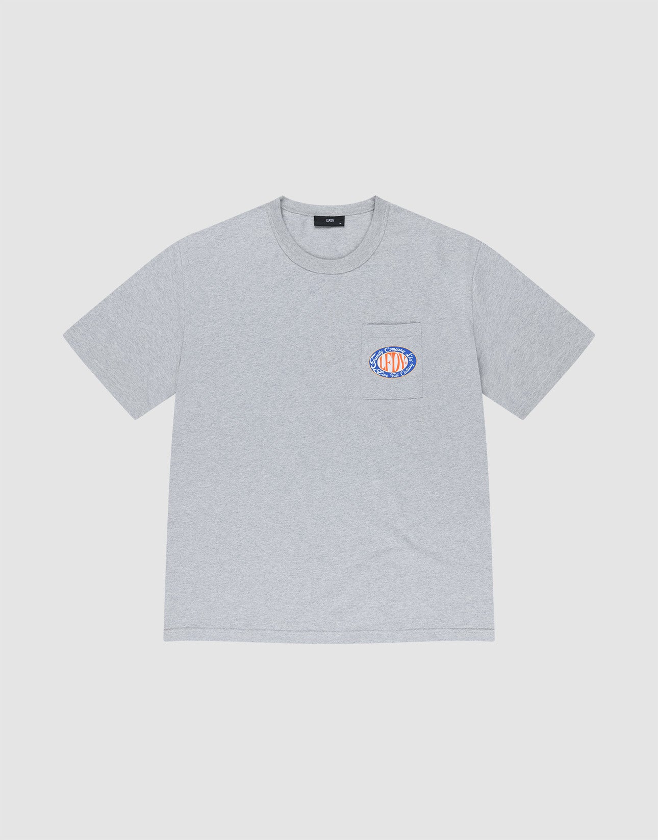 The LIVE FAST DIE YOUNG Family Pocket Tee is a light gray regular fit short-sleeve shirt featuring a small colorful oval logo on the left chest and a pocket, made from 100% cotton, shown on a white background. | plain