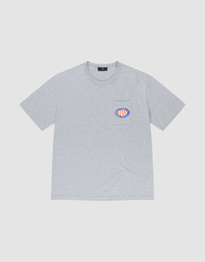 The LIVE FAST DIE YOUNG Family Pocket Tee is a light gray regular fit short-sleeve shirt featuring a small colorful oval logo on the left chest and a pocket, made from 100% cotton, shown on a white background. | plain
