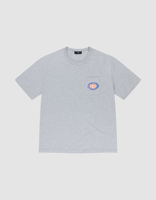 The LIVE FAST DIE YOUNG Family Pocket Tee is a light gray regular fit short-sleeve shirt featuring a small colorful oval logo on the left chest and a pocket, made from 100% cotton, shown on a white background. | plain