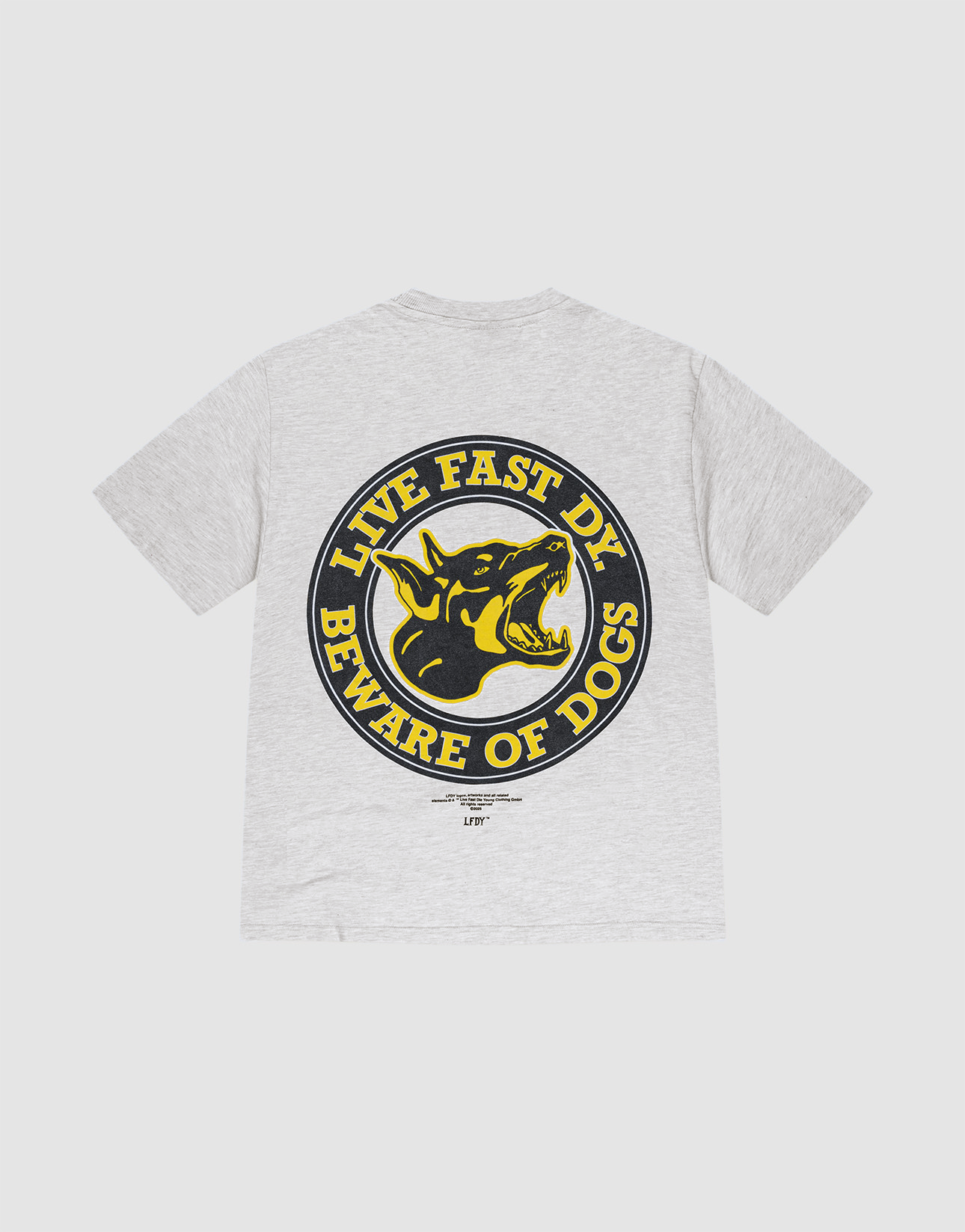 The LFDY Circle Dog Tee by LIVE FAST DIE YOUNG is a light gray, vintage-washed, oversized T-shirt made from 100% Baumwolle, featuring a large back graphic of a snarling dog head with bold yellow “LIVE FAST DIE” and “BEWARE OF DOGS” text. | plain