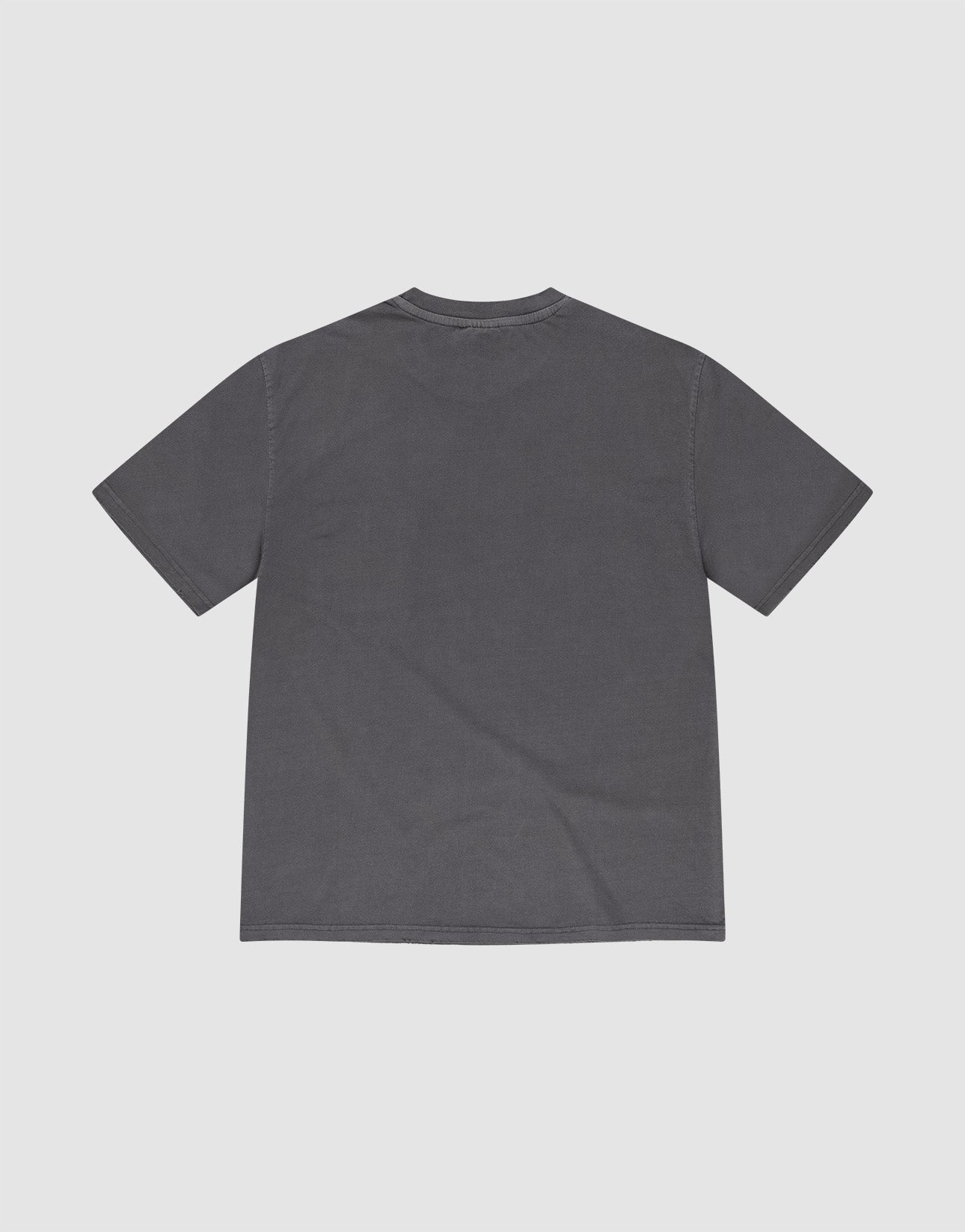 The LFDY Destroyed Pocket Tee, an oversized short-sleeve dark gray T-shirt made from 100% Baumwolle, is laid flat with the back side facing up against a light background.