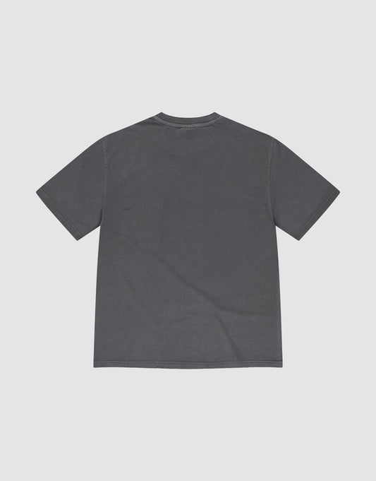 The LFDY Destroyed Pocket Tee, an oversized short-sleeve dark gray T-shirt made from 100% Baumwolle, is laid flat with the back side facing up against a light background.