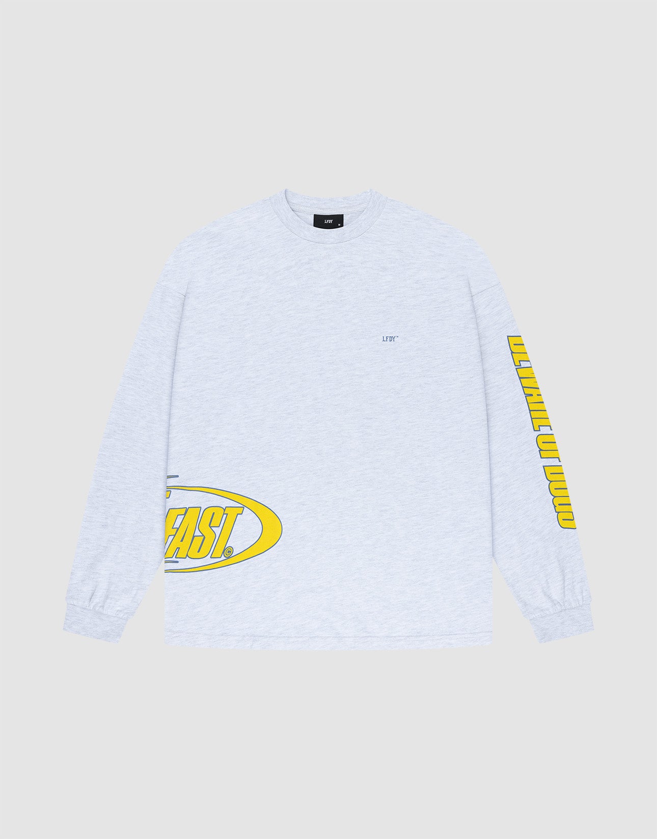 The LFDY Split Sphere Longsleeve by LIVE FAST DIE YOUNG is a light gray, 100% Baumwolle shirt featuring a small LIFT logo on the left chest, a large yellow “LEAST” graphic on the lower right front, and yellow text down the left sleeve.