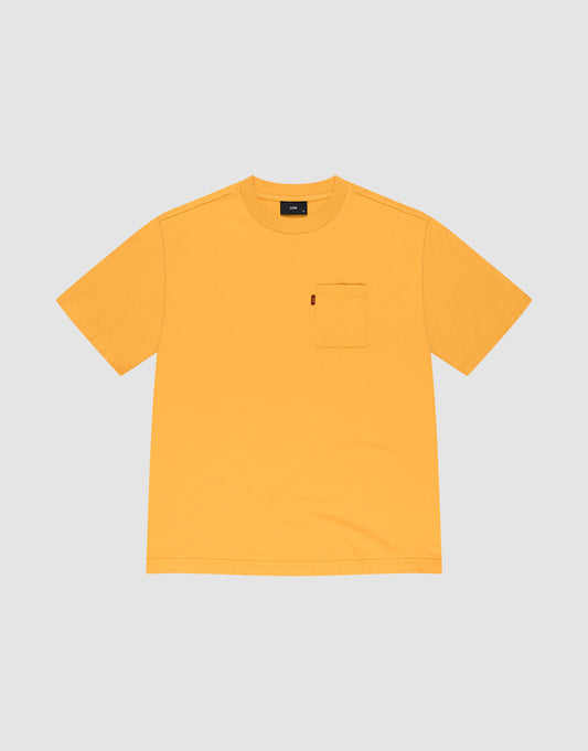 The LFDY Tube Pocket Tee by LIVE FAST DIE YOUNG is a plain yellow short-sleeve shirt with a left chest pocket, crafted from 100% Baumwolle, shown on a light gray background.