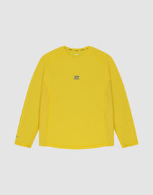 The LIVE FAST DIE YOUNG Live Fast Performance Longsleeve is a bright yellow, slim-fit athletic shirt with a small blue logo and chest text, mesh-like panels and side inserts for breathability, and a crew neckline on a light gray background. | plain