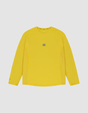 The LIVE FAST DIE YOUNG Live Fast Performance Longsleeve is a bright yellow, slim-fit athletic shirt with a small blue logo and chest text, mesh-like panels and side inserts for breathability, and a crew neckline on a light gray background. | plain