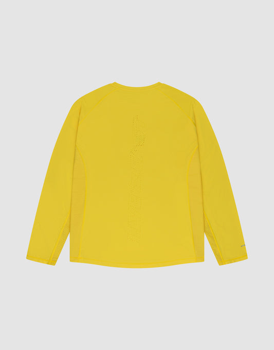 The LIVE FAST DIE YOUNG Live Fast Performance Longsleeve, a slim-fit, bright yellow athletic shirt with mesh side inserts, perforated text down the back, and a reflective front print, is shown on a flat light gray background.