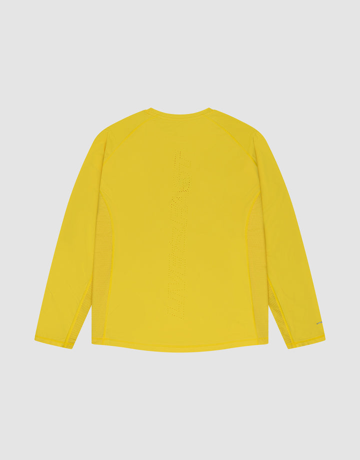 The LIVE FAST DIE YOUNG Live Fast Performance Longsleeve, a slim-fit, bright yellow athletic shirt with mesh side inserts, perforated text down the back, and a reflective front print, is shown on a flat light gray background.