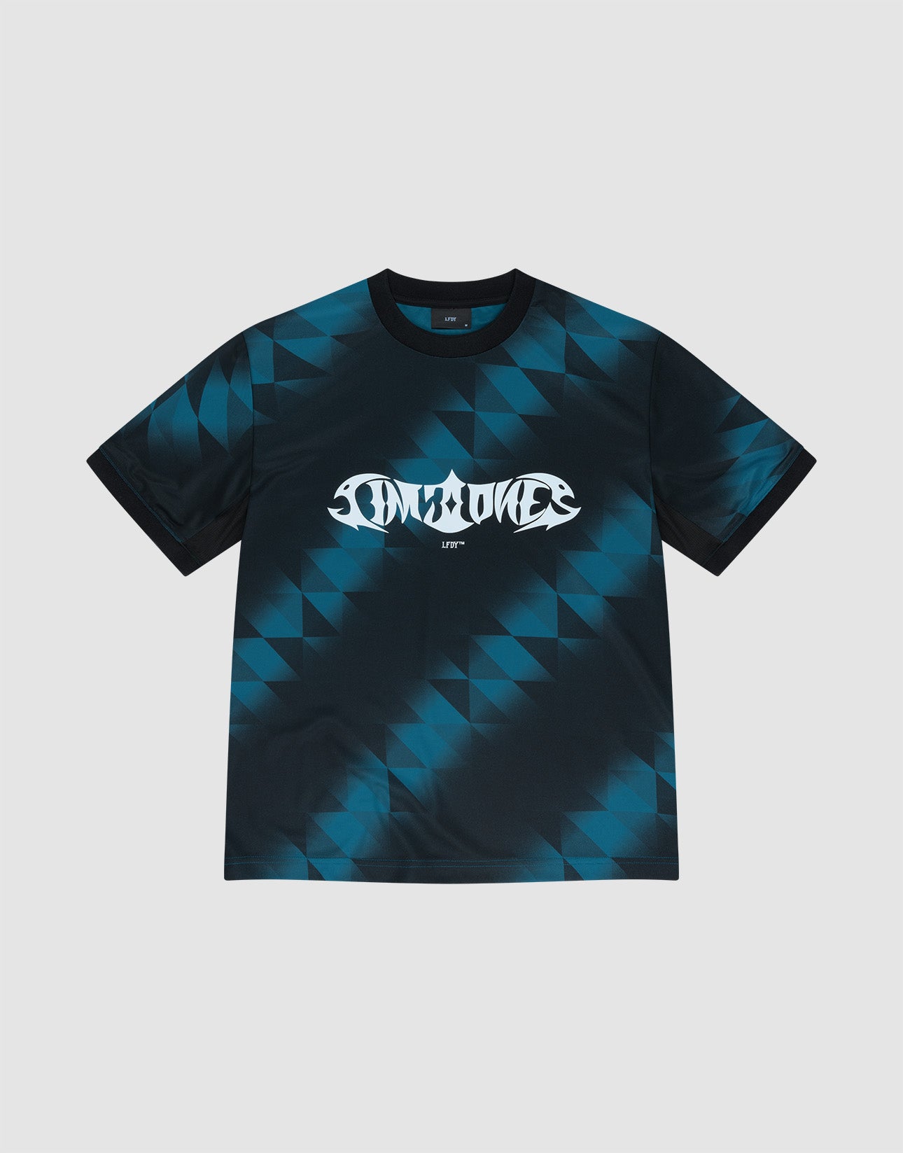 The LIVE FAST DIE YOUNG Live Fast Jersey Tee is a short-sleeve shirt with a black and teal geometric triangle pattern, black collar and cuffs, 100% polyester, regular fit, and INFINITE in white text across the chest. | plain