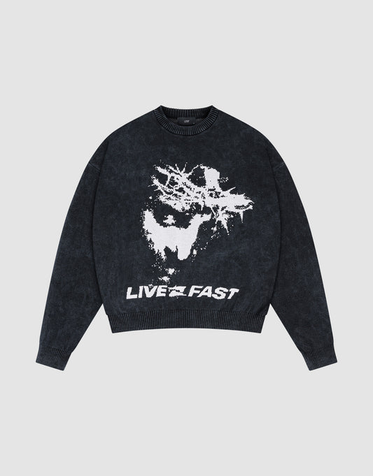 The LFDY Savior Knit Sweater by LIVE FAST DIE YOUNG is a black vintage wash crewneck with a white abstract front graphic and bold LIVE FAST text. Made from 100% Baumwolle for comfort, it features an oversize fit. | plain