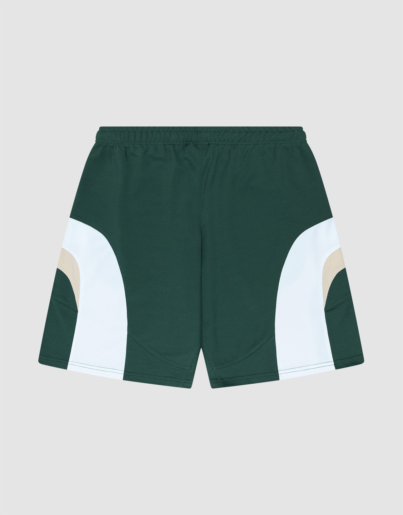 LIVE FAST DIE YOUNG Basic Trackshorts: green athletic shorts with white and beige curved side panels, elastischer Bund for comfort. Shown on a light gray background, their clean design is ideal for active days.