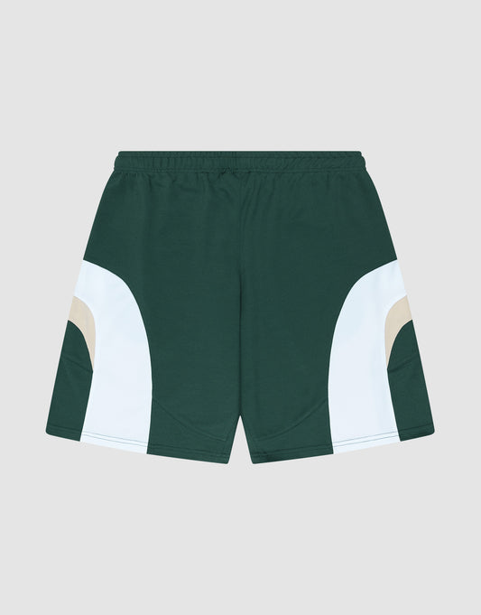 LIVE FAST DIE YOUNG Basic Trackshorts: green athletic shorts with white and beige curved side panels, elastischer Bund for comfort. Shown on a light gray background, their clean design is ideal for active days.