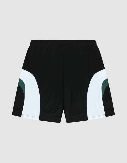 LIVE FAST DIE YOUNG Basic Trackshorts in black with white and dark green curved side panels, elastischer Bund for comfort, and subtle logo print, displayed flat on a light gray background.