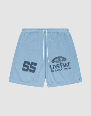 LFDY Loyal Shorts by LIVE FAST DIE YOUNG: Light blue mesh, elastic waistband, white drawstring, oversized fit. Left leg has a bold dark “55”, right leg features an eye graphic and LIVE FAST DIE YOUNG CLOTHING text. | plain